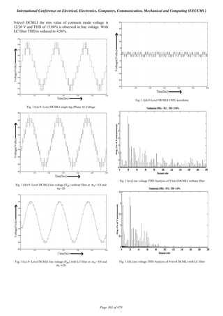 9-level DCMLI the rms value of common mode voltage is
12.20 V and THD of 13.86% is observed in line voltage. With
LC filter THD is reduced to 4.56%.
Fig. 11(a).9- Level DCMLI single leg (Phase A) Voltage
Fig. 11(b).9- Level DCMLI line voltage (V ) without filter at 	m = 0.8 and
m =20
Fig. 11(c).9- Level DCMLI line voltage (V ) with LC filter at 	m = 0.8 and
m =20
Fig. 11(d).9-Level DCMLI CMV waveform
Fig. 11(e).Line voltage THD Analysis of 9-level DCMLI without filter
Fig. 11(f).Line voltage THD Analysis of 9-level DCMLI with LC filter
International Conference on Electrical, Electronics, Computers, Communication, Mechanical and Computing (EECCMC)
Page 363 of 470
 