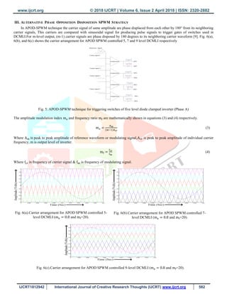 www.ijcrt.org © 2018 IJCRT | Volume 6, Issue 2 April 2018 | ISSN: 2320-2882
IJCRT1812942 International Journal of Creative Research Thoughts (IJCRT) www.ijcrt.org 582
III. ALTERNATIVE PHASE OPPOSITION DISPOSITION SPWM STRATEGY
In APOD-SPWM technique the carrier signal of same amplitude are phase displaced from each other by 180° from its neighboring
carrier signals, This carriers are compared with sinusoidal signal for producing pulse signals to trigger gates of switches used in
DCMLI.For m-level output, (m-1) carrier signals are phase disposed by 180 degrees to its neighboring carrier waveform [9]. Fig. 6(a),
6(b), and 6(c) shows the carrier arrangement for APOD SPWM controlled 5, 7 and 9 level DCMLI respectively
Fig. 5. APOD-SPWM technique for triggering switches of five level diode clamped inverter (Phase A)
The amplitude modulation index and frequency ratio are mathematically shown in equations (3) and (4) respectively.
(3)
Where peak to peak amplitude of reference waveform or modulating signal, is peak to peak amplitude of individual carrier
frequency, m is output level of inverter.
 
Where frequency of carrier signal & is frequency of modulating signal.
Fig. 6(a).Carrier arrangement for APOD SPWM controlled 5-
level DCMLI ( and =20).
Fig. 6(b).Carrier arrangement for APOD SPWM controlled 7-
level DCMLI ( and =20).
Fig. 6(c).Carrier arrangement for APOD SPWM controlled 9-level DCMLI ( and =20).
 
