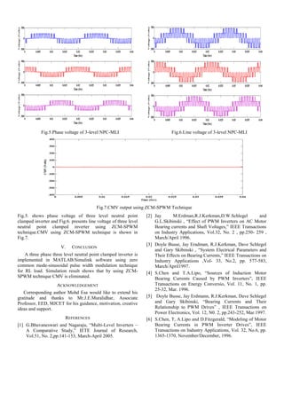 Fig.5.Phase voltage of 3-level NPC-MLI Fig.6.Line voltage of 3-level NPC-MLI
Fig.7.CMV output using ZCM-SPWM Technique
Fig.5. shows phase voltage of three level neutral point
clamped inverter and Fig.6. presents line voltage of three level
neutral point clamped inverter using ZCM-SPWM
technique.CMV using ZCM-SPWM technique is shown in
Fig.7.
V. CONCLUSION
A three phase three level neutral point clamped inverter is
implemented in MATLAB/Simulink software using zero
common mode-sinusoidal pulse width modulation technique
for RL load. Simulation result shows that by using ZCM-
SPWM technique CMV is eliminated.
ACKNOWLEDGEMENT
Corresponding author Mohd Esa would like to extend his
gratitude and thanks to Mr.J.E.Muralidhar, Associate
Professor, EED, MJCET for his guidance, motivation, creative
ideas and support.
REFERENCES
[1] G.Bhuvaneswari and Nagaraju, “Multi-Level Inverters –
A Comparative Study,” IETE Journal of Research,
Vol.51, No. 2,pp.141-153, March-April 2005.
[2] Jay M.Erdman,R.J.Kerkman,D.W.Schlegel and
G.L.Skibinski , “Effect of PWM Inverters on AC Motor
Bearing currents and Shaft Voltages,” IEEE Transactions
on Industry Applications, Vol.32, No. 2 , pp.250- 259 ,
March/April 1996.
[3] Doyle Busse, Jay Eradman, R.J.Kerkman, Dave Schlegel
and Gary Skibinski , “System Electrical Parameters and
Their Effects on Bearing Currents,” IEEE Transactions on
Industry Applications ,Vol- 33, No.2, pp. 577-583,
March/April1997.
[4] S.Chen and T.A.Lipo, “Sources of Induction Motor
Bearing Currents Caused by PWM Inverters”, IEEE
Transactions on Energy Conversio, Vol. 11, No. 1, pp.
25-32, Mar. 1996.
[5] Doyle Busse, Jay Erdmann, R.J.Kerkman, Dave Schlegel
and Gary Skibinski, “Bearing Currents and Their
Relationship to PWM Drives” , IEEE Transactions on
Power Electronics, Vol. 12, N0. 2, pp.243-252, Mar.1997.
[6] S.Chen, T, A.Lipo and D.Fitzgerald, “Modeling of Motor
Bearing Currents in PWM Inverter Drives”, IEEE
Transactions on Industry Applications, Vol. 32, No.6, pp.
1365-1370, November/December, 1996.
 