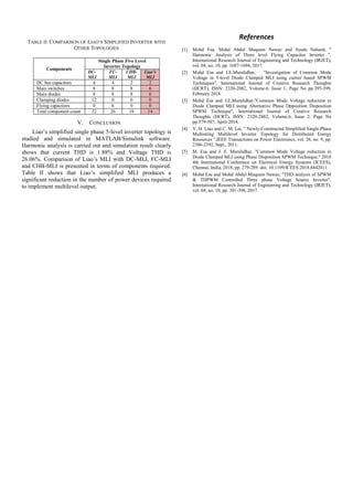 TABLE II: COMPARISON OF LIAO’S SIMPLIFIED INVERTER WITH
OTHER TOPOLOGIES
Components
Single Phase Five Level
Inverter Topology
DC-
MLI
FC-
MLI
CHB-
MLI
Liao’s
MLI
DC bus capacitors 4 4 2 2
Main switches 8 8 8 6
Main diodes 8 8 8 6
Clamping diodes 12 0 0 0
Flying capacitors 0 6 0 0
Total component count 32 26 18 14
V. CONCLUSION
Liao’s simplified single phase 5-level inverter topology is
studied and simulated in MATLAB/Simulink software.
Harmonic analysis is carried out and simulation result clearly
shows that current THD is 1.88% and Voltage THD is
26.06%. Comparison of Liao’s MLI with DC-MLI, FC-MLI
and CHB-MLI is presented in terms of components required.
Table II shows that Liao’s simplified MLI produces a
significant reduction in the number of power devices required
to implement multilevel output.
References
[1] Mohd Esa, Mohd Abdul Muqeem Nawaz and Syeda Naheed, "
Harmonic Analysis of Three level Flying Capacitor Inverter ",
International Research Journal of Engineering and Technology (IRJET),
vol. 04, no. 10, pp. 1687-1694, 2017.
[2] Mohd Esa and J.E.Muralidhar, "Investigation of Common Mode
Voltage in 5-level Diode Clamped MLI using carrier based SPWM
Techniques", International Journal of Creative Research Thoughts
(IJCRT), ISSN: 2320-2882, Volume.6, Issue 1, Page No pp.395-399,
February 2018.
[3] Mohd Esa and J.E.Muralidhar,"Common Mode Voltage reduction in
Diode Clamped MLI using Alternative Phase Opposition Disposition
SPWM Technique", International Journal of Creative Research
Thoughts (IJCRT), ISSN: 2320-2882, Volume.6, Issue 2, Page No
pp.579-587, April-2018.
[4] Y. H. Liao and C. M. Lai, " Newly-Constructed Simplified Single-Phase
Multistring Multilevel Inverter Topology for Distributed Energy
Resources ",IEEE Transactions on Power Electronics, vol. 26, no. 9, pp.
2386-2392, Sept., 2011.
[5] M. Esa and J. E. Muralidhar, "Common Mode Voltage reduction in
Diode Clamped MLI using Phase Disposition SPWM Technique," 2018
4th International Conference on Electrical Energy Systems (ICEES),
Chennai, India, 2018, pp. 279-289. doi: 10.1109/ICEES.2018.8442411
[6] Mohd Esa and Mohd Abdul Muqeem Nawaz, "THD analysis of SPWM
& THPWM Controlled Three phase Voltage Source Inverter",
International Research Journal of Engineering and Technology (IRJET),
vol. 04, no. 10, pp. 391-398, 2017.
 