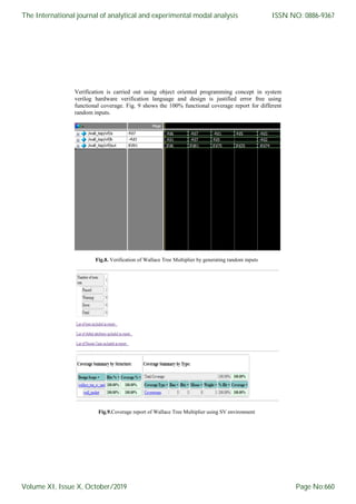 Verification is carried out using object oriented programming concept in system
verilog hardware verification language and design is justified error free using
functional coverage. Fig. 9 shows the 100% functional coverage report for different
random inputs.
Fig.8. Verification of Wallace Tree Multiplier by generating random inputs
Fig.9.Coverage report of Wallace Tree Multiplier using SV environment
The International journal of analytical and experimental modal analysis
Volume XI, Issue X, October/2019
ISSN NO: 0886-9367
Page No:660
 