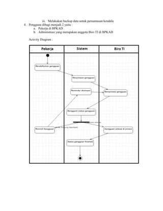 iii. Melakukan backup data untuk pemantauan kendala
4. Pengguna dibagi menjadi 2 yaitu :
a. Pekerja di BPKAD
b. Administra...