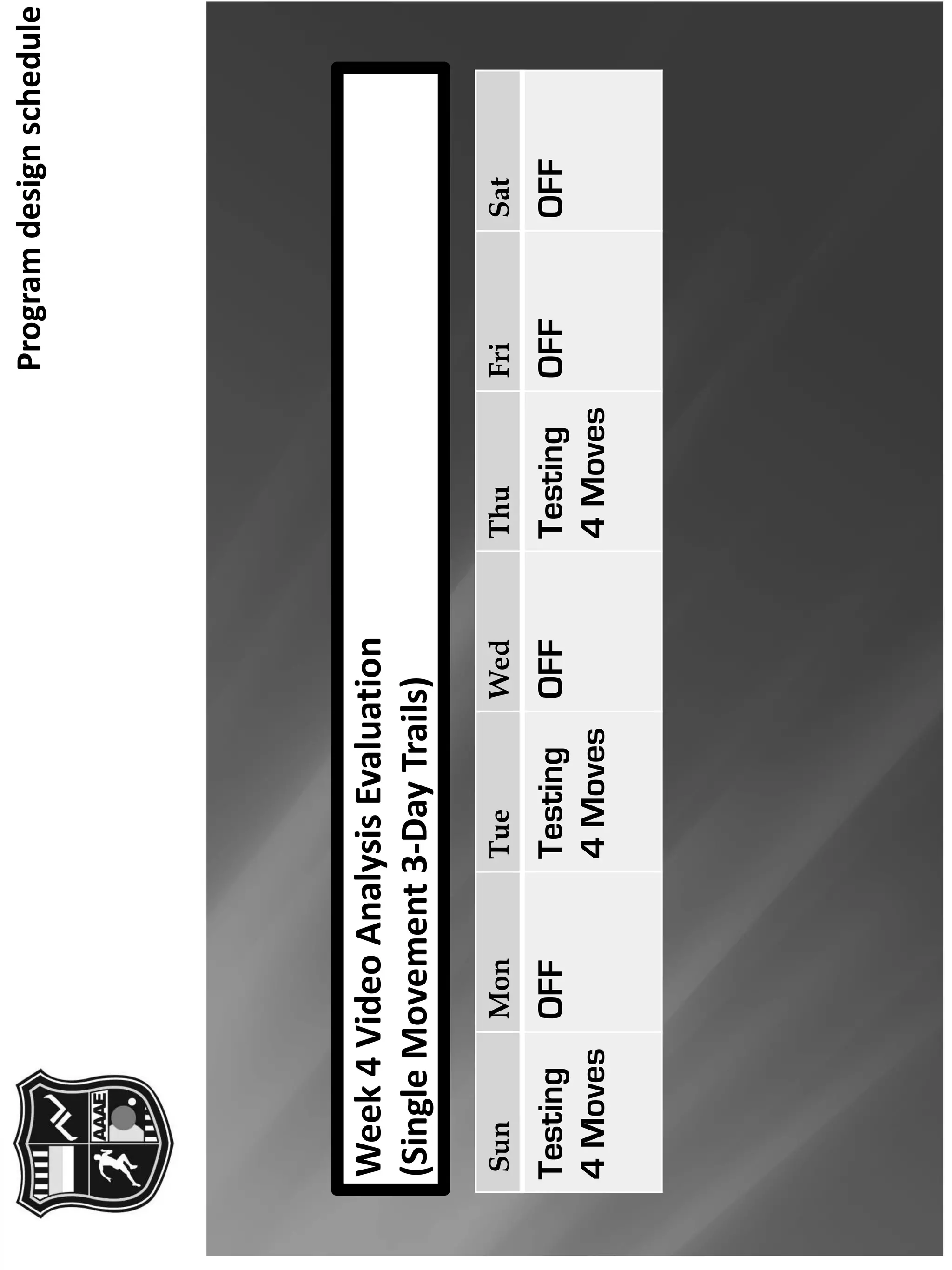 Week4VideoAnalysisEvaluation
(SingleMovement3-DayTrails)
SunMonTueWedThuFriSat
Testing
4Moves
OFFTesting
4Moves
OFFTesting
4Moves
OFFOFF
Programdesignschedule
 