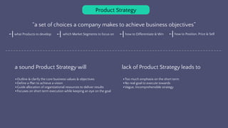 Product Strategy
“a set of choices a company makes to achieve business objectives”
what Products to develop which Market S...