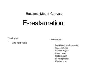 Business Model Canvas
E-restauration
Préparer par :
Ben Abdelouahab Hassane
Ezzaari ahmed
El omari majida
Rania chekour
Nada chouikh
El ouriaghli aref
Khaoula zbadi
Encadré par
:
Mme Jaridi Nadia
 