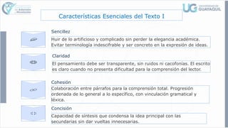 Cohesión
Colaboración entre párrafos para la comprensión total. Progresión
ordenada de lo general a lo específico, con vinculación gramatical y
léxica.
Concisión
Capacidad de síntesis que condensa la idea principal con las
secundarias sin dar vueltas innecesarias.
Características Esenciales del Texto I
Sencillez
Huir de lo artificioso y complicado sin perder la elegancia académica.
Evitar terminología indescifrable y ser concreto en la expresión de ideas.
Claridad
El pensamiento debe ser transparente, sin ruidos ni cacofonías. El escrito
es claro cuando no presenta dificultad para la comprensión del lector.
 