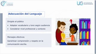 Adecuación del Lenguaje
Dirigido al público
• Adaptar vocabulario y tono según audiencia
• Considerar nivel profesional y contexto
Mensajes efectivos
Garantizar comprensión y respeto en la
comunicación escrita.
 