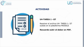 ACTIVIDAD
U4-TAREA 1 –S7
Resolver el archivo U4- TAREA 1- S7
subido en la plataforma MOODLE
Recuerde subir el deber en PDF.
 