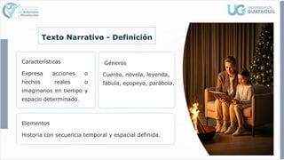 Texto Narrativo - Definición
Características
Expresa acciones o
hechos reales o
imaginarios en tiempo y
espacio determinado.
Géneros
Cuento, novela, leyenda,
fábula, epopeya, parábola.
Elementos
Historia con secuencia temporal y espacial definida.
 