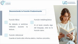 Reconociendo la Función Predominante
Función fática
Se detecta si sentimos
reflexión durante la
lectura.
Función metalingüística
Si el texto enseña algo
del lenguaje, esta es la
función clave.
Función referencial
Cuando el texto sólo informa datos y hechos concretos.
 