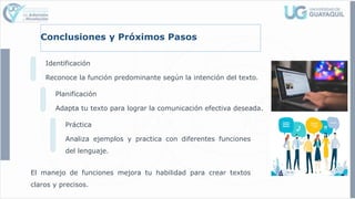 Identificación
Reconoce la función predominante según la intención del texto.
Planificación
Adapta tu texto para lograr la comunicación efectiva deseada.
Práctica
Analiza ejemplos y practica con diferentes funciones
del lenguaje.
El manejo de funciones mejora tu habilidad para crear textos
claros y precisos.
Conclusiones y Próximos Pasos
 