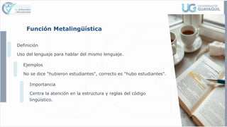Función Metalingüística
Definición
Uso del lenguaje para hablar del mismo lenguaje.
Ejemplos
No se dice "hubieron estudiantes", correcto es "hubo estudiantes".
Importancia
Centra la atención en la estructura y reglas del código
lingüístico.
 