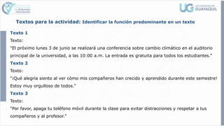 Texto 1
Texto:
"El próximo lunes 3 de junio se realizará una conferencia sobre cambio climático en el auditorio
principal de la universidad, a las 10:00 a.m. La entrada es gratuita para todos los estudiantes.“
Texto 2
Texto:
"¡Qué alegría siento al ver cómo mis compañeros han crecido y aprendido durante este semestre!
Estoy muy orgulloso de todos.“
Texto 3
Texto:
"Por favor, apaga tu teléfono móvil durante la clase para evitar distracciones y respetar a tus
compañeros y al profesor."
Textos para la actividad: Identificar la función predominante en un texto
 