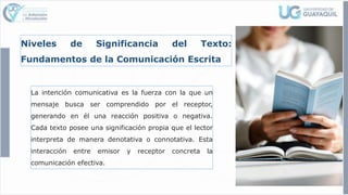 Niveles de Significancia del Texto:
Fundamentos de la Comunicación Escrita
La intención comunicativa es la fuerza con la que un
mensaje busca ser comprendido por el receptor,
generando en él una reacción positiva o negativa.
Cada texto posee una significación propia que el lector
interpreta de manera denotativa o connotativa. Esta
interacción entre emisor y receptor concreta la
comunicación efectiva.
 