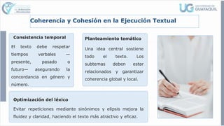 Coherencia y Cohesión en la Ejecución Textual
Consistencia temporal
El texto debe respetar
tiempos verbales —
presente, pasado o
futuro— asegurando la
concordancia en género y
número.
Planteamiento temático
Una idea central sostiene
todo el texto. Los
subtemas deben estar
relacionados y garantizar
coherencia global y local.
Optimización del léxico
Evitar repeticiones mediante sinónimos y elipsis mejora la
fluidez y claridad, haciendo el texto más atractivo y eficaz.
 