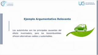 Ejemplo Argumentativo Relevante
Los automóviles son los principales causantes del
efecto invernadero, pero los biocombustibles
ofrecen alternativas viables y sustentables.
 