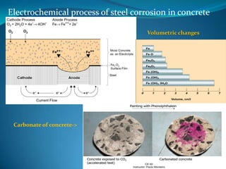 Electrochemical process of steel corrosion in concrete
Volumetric changes
Carbonate of concrete->
 