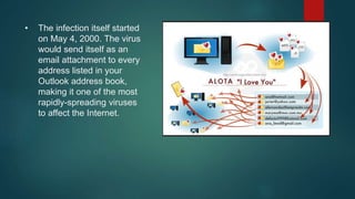 • The infection itself started
on May 4, 2000. The virus
would send itself as an
email attachment to every
address listed in your
Outlook address book,
making it one of the most
rapidly-spreading viruses
to affect the Internet.
 