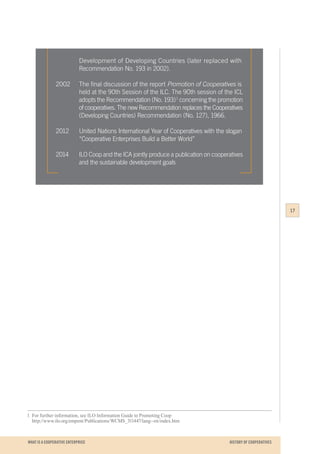 WHAT IS A COOPERATIVE ENTERPRICE
		 Development of Developing Countries (later replaced with
		 Recommendation No. 193 in 2002).
2002	 The final discussion of the report Promotion of Cooperatives is
		 held at the 90th Session of the ILC. The 90th session of the ICL
		 adopts the Recommendation (No. 193)1
concerning the promotion
		 of cooperatives. The new Recommendation replaces the Cooperatives
		 (Developing Countries) Recommendation (No. 127), 1966.
2012	 United Nations International Year of Cooperatives with the slogan
		 “Cooperative Enterprises Build a Better World”
2014	 ILO Coop and the ICA jointly produce a publication on cooperatives
		 and the sustainable development goals
1	 For further information, see ILO Information Guide to Promoting Coop
	http://www.ilo.org/empent/Publications/WCMS_311447/lang--en/index.htm
17
HISTORY OF COOPERATIVES
 