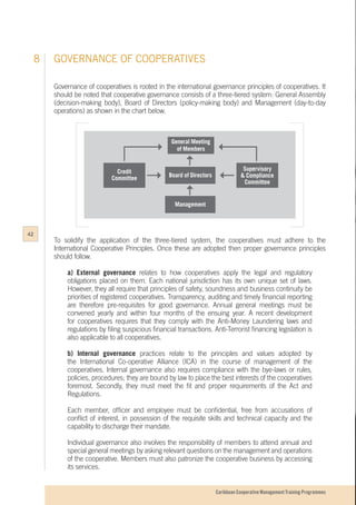Caribbean Cooperative Management Training Programmes
GOVERNANCE OF COOPERATIVES8
Governance of cooperatives is rooted in the international governance principles of cooperatives. It
should be noted that cooperative governance consists of a three-tiered system: General Assembly
(decision-making body), Board of Directors (policy-making body) and Management (day-to-day
operations) as shown in the chart below.
To solidify the application of the three-tiered system, the cooperatives must adhere to the
International Cooperative Principles. Once these are adopted then proper governance principles
should follow.
a) External governance relates to how cooperatives apply the legal and regulatory
obligations placed on them. Each national jurisdiction has its own unique set of laws.
However, they all require that principles of safety, soundness and business continuity be
priorities of registered cooperatives. Transparency, auditing and timely financial reporting
are therefore pre-requisites for good governance. Annual general meetings must be
convened yearly and within four months of the ensuing year. A recent development
for cooperatives requires that they comply with the Anti-Money Laundering laws and
regulations by filing suspicious financial transactions. Anti-Terrorist financing legislation is
also applicable to all cooperatives.
b) Internal governance practices relate to the principles and values adopted by
the International Co-operative Alliance (ICA) in the course of management of the
cooperatives. Internal governance also requires compliance with the bye-laws or rules,
policies, procedures; they are bound by law to place the best interests of the cooperatives
foremost. Secondly, they must meet the fit and proper requirements of the Act and
Regulations.
Each member, officer and employee must be confidential, free from accusations of
conflict of interest, in possession of the requisite skills and technical capacity and the
capability to discharge their mandate.
Individual governance also involves the responsibility of members to attend annual and
special general meetings by asking relevant questions on the management and operations
of the cooperative. Members must also patronize the cooperative business by accessing
its services.
General Meeting
of Members
Board of Directors
Credit
Committee
Supervisory
& Compliance
Committee
Management
42
 