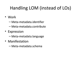 Handling LOM (instead of LOs) Work Meta-metadata.identifier Meta-metadata.contribute Expression Meta-metadata.language Manifestation Meta-metadata.schema 