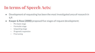 In terms of Speech Acts:
● Development of requesting has been the most investigated area of research in
ILP.
● Kasper & Rose (2000) proposed five stages of request development:
○ Pre-basic stage
○ Formulaic stage
○ Unpacking stage
○ Pragmatic expansion
○ Fine tuning
 