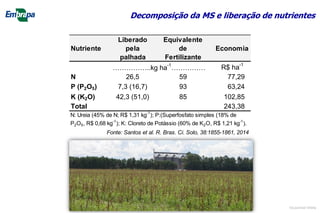 Decomposição da MS e liberação de nutrientes
Nutriente
Liberado
pela
palhada
Equivalente
de
Fertilizante
Economia
R$ ha-1
N 26,5 59 77,29
P (P2O5) 7,3 (16,7) 93 63,24
K (K2O) 42,3 (51,0) 85 102,85
Total 243,38
………………..kg ha-1
……………….
N: Ureia (45% de N; R$ 1,31 kg-1
); P:(Superfosfato simples (18% de
P2O5, R$ 0,68 kg-1
); K: Cloreto de Potássio (60% de K2O, R$ 1,21 kg-1
).
Fonte: Santos et al. R. Bras. Ci. Solo, 38:1855-1861, 2014
©Lourival Vilela
 