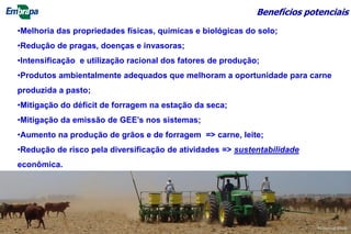 Benefícios potenciais
•Melhoria das propriedades físicas, químicas e biológicas do solo;
•Redução de pragas, doenças e invasoras;
•Intensificação e utilização racional dos fatores de produção;
•Produtos ambientalmente adequados que melhoram a oportunidade para carne
produzida a pasto;
•Mitigação do déficit de forragem na estação da seca;
•Mitigação da emissão de GEE’s nos sistemas;
•Aumento na produção de grãos e de forragem => carne, leite;
•Redução de risco pela diversificação de atividades => sustentabilidade
econômica.
7
©Lourival Vilela
 