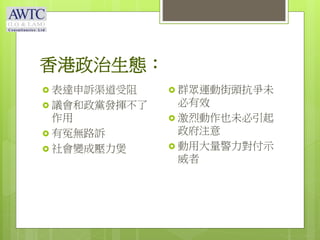 香港政治生態：
 表達申訴渠道受阻
 議會和政黨發揮不了
作用
 有冤無路訴
 社會變成壓力煲
 群眾運動街頭抗爭未
必有效
 激烈動作也未必引起
政府注意
 動用大量警力對付示
威者
 