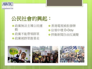 公民社會的興起：
 政黨無法主導公民運
動
 政黨不能帶領群眾
 政黨被群眾推著走
 香港電視被拒發牌
 佔領中環 D-Day
 捍衛新聞自由反滅聲
 