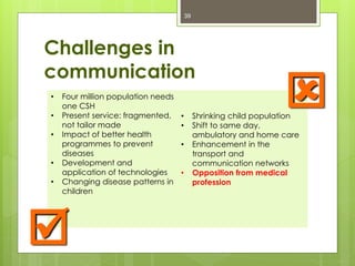 Challenges in
communication
39
• Four million population needs
one CSH
• Present service: fragmented,
not tailor made
• Impact of better health
programmes to prevent
diseases
• Development and
application of technologies
• Changing disease patterns in
children
• Shrinking child population
• Shift to same day,
ambulatory and home care
• Enhancement in the
transport and
communication networks
• Opposition from medical
profession


 