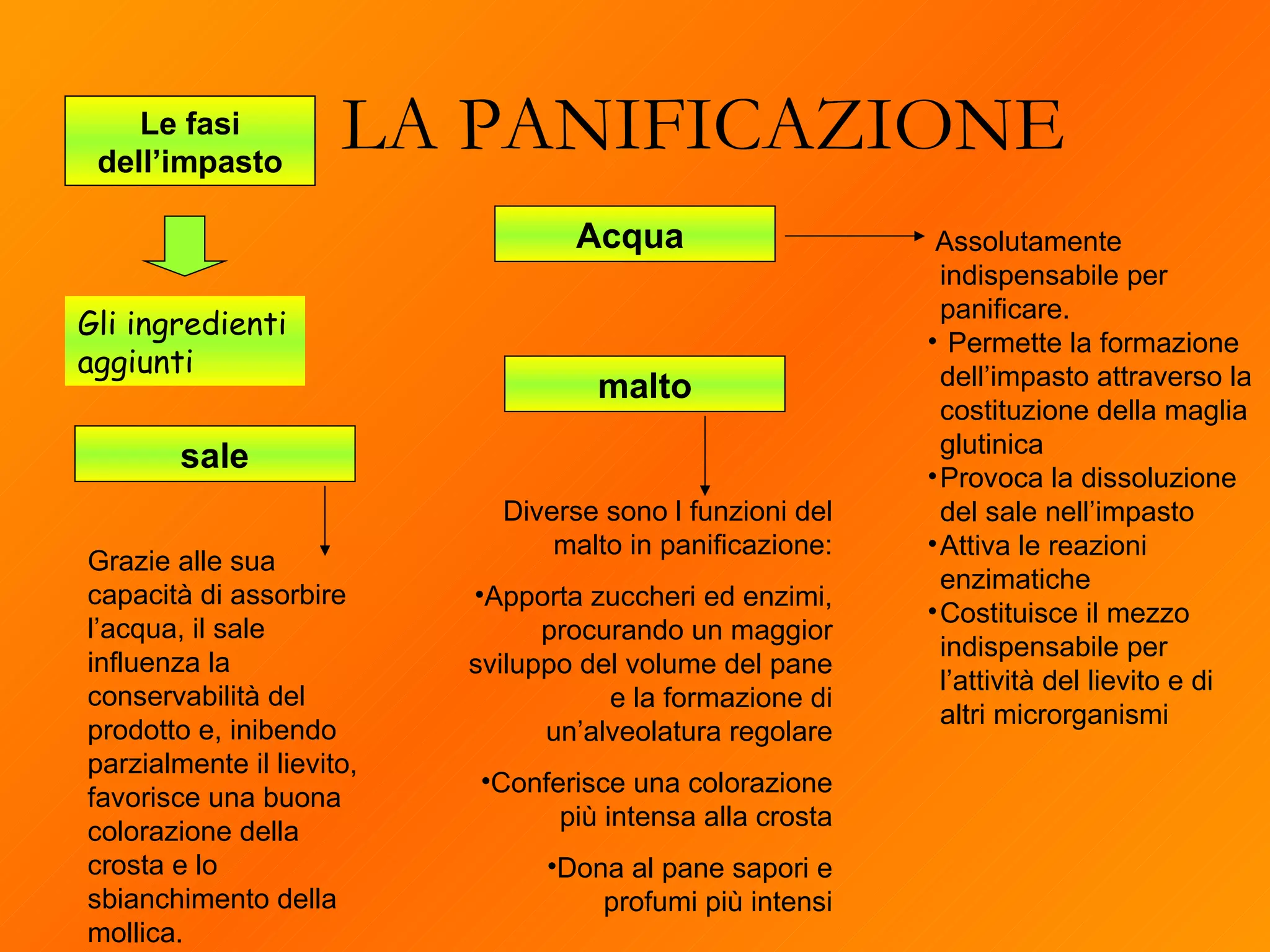 LA PANIFICAZIONE Assolutamente indispensabile per panificare.  Permette la formazione dell’impasto attraverso la costituzione della maglia glutinica Provoca la dissoluzione del sale nell’impasto Attiva le reazioni enzimatiche Costituisce il mezzo indispensabile per l’attività del lievito e di altri microrganismi Le fasi dell’impasto Gli ingredienti aggiunti Acqua  sale malto Diverse sono l funzioni del malto in panificazione: Apporta zuccheri ed enzimi, procurando un maggior sviluppo del volume del pane e la formazione di un’alveolatura regolare Conferisce una colorazione più intensa alla crosta Dona al pane sapori e profumi più intensi Grazie alle sua capacità di assorbire l’acqua, il sale influenza la conservabilità del prodotto e, inibendo parzialmente il lievito, favorisce una buona colorazione della crosta e lo sbianchimento della mollica.   