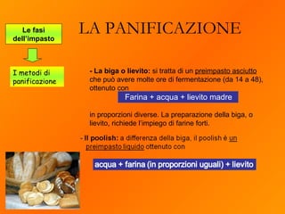 LA PANIFICAZIONE Le fasi dell’impasto I metodi di panificazione - La biga o lievito:  si tratta di un  preimpasto asciutto  che può avere molte ore di fermentazione (da 14 a 48), ottenuto con  Farina + acqua + lievito madre in proporzioni diverse. La preparazione della biga, o lievito, richiede l’impiego di farine forti.  