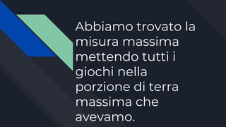 Abbiamo trovato la
misura massima
mettendo tutti i
giochi nella
porzione di terra
massima che
avevamo.
 