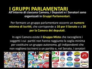 I GRUPPI PARLAMENTARIAll'interno di ciascuna Camera, i Deputati e i Senatori sono
organizzati in Gruppi Parlamentari.
Per formare un gruppo parlamentare occorre un numero
minimo di iscritti, che corrisponde a 10 per il Senato e a 20
per la Camera dei deputati.
In ogni Camera esiste il Gruppo Misto che raccogliere i
soggetti i cui partiti non hanno raggiunto la soglia minima
per costituire un gruppo autonomo, gli indipendenti che
non vogliono iscriversi a un partito e, nel Senato, i senatori
a vita.
 