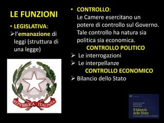 LE FUNZIONI
• CONTROLLO:
Le Camere esercitano un
potere di controllo sul Governo.
Tale controllo ha natura sia
politica sia economica.
CONTROLLO POLITICO
 Le interrogazioni
 Le interpellanze
CONTROLLO ECONOMICO
 Bilancio dello Stato
• LEGISLATIVA:
l’emanazione di
leggi (struttura di
una legge)
 