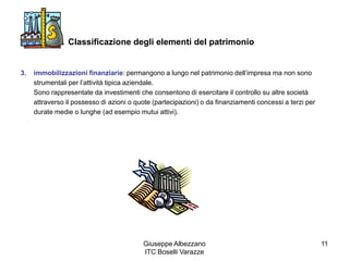 Giuseppe Albezzano
ITC Boselli Varazze
11
Classificazione degli elementi del patrimonio
3. immobilizzazioni finanziarie: permangono a lungo nel patrimonio dell’impresa ma non sono
strumentali per l’attività tipica aziendale.
Sono rappresentate da investimenti che consentono di esercitare il controllo su altre società
attraverso il possesso di azioni o quote (partecipazioni) o da finanziamenti concessi a terzi per
durate medie o lunghe (ad esempio mutui attivi).
 