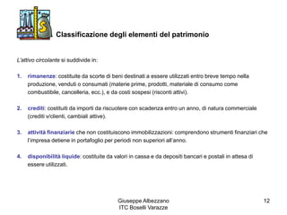 Giuseppe Albezzano
ITC Boselli Varazze
12
Classificazione degli elementi del patrimonio
L’attivo circolante si suddivide in:
1. rimanenze: costituite da scorte di beni destinati a essere utilizzati entro breve tempo nella
produzione, venduti o consumati (materie prime, prodotti, materiale di consumo come
combustibile, cancelleria, ecc.), e da costi sospesi (risconti attivi).
2. crediti: costituiti da importi da riscuotere con scadenza entro un anno, di natura commerciale
(crediti v/clienti, cambiali attive).
3. attività finanziarie che non costituiscono immobilizzazioni: comprendono strumenti finanziari che
l’impresa detiene in portafoglio per periodi non superiori all’anno.
4. disponibilità liquide: costituite da valori in cassa e da depositi bancari e postali in attesa di
essere utilizzati.
 