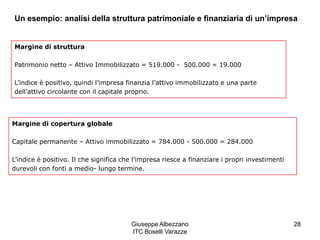 Giuseppe Albezzano
ITC Boselli Varazze
28
Un esempio: analisi della struttura patrimoniale e finanziaria di un’impresa
Margine di struttura
Patrimonio netto – Attivo Immobilizzato = 519.000 - 500.000 = 19.000
L’indice è positivo, quindi l’impresa finanzia l’attivo immobilizzato e una parte
dell’attivo circolante con il capitale proprio.
Margine di copertura globale
Capitale permanente – Attivo immobilizzato = 784.000 - 500.000 = 284.000
L’indice è positivo. Il che significa che l’impresa riesce a finanziare i propri investimenti
durevoli con fonti a medio- lungo termine.
 
