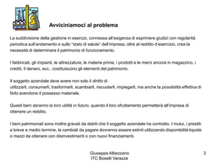 Giuseppe Albezzano
ITC Boselli Varazze
3
La suddivisione della gestione in esercizi, connessa all’esigenza di esprimere giudizi con regolarità
periodica sull’andamento e sullo “stato di salute” dell’impresa, oltre al reddito d’esercizio, crea la
necessità di determinare il patrimonio di funzionamento.
I fabbricati, gli impianti, le attrezzature, le materie prime, i prodotti e le merci ancora in magazzino, i
crediti, il denaro, ecc., costituiscono gli elementi del patrimonio.
Il soggetto aziendale deve avere non solo il diritto di
utilizzarli, consumarli, trasformarli, scambiarli, riscuoterli, impiegarli, ma anche la possibilità effettiva di
farlo avendone il possesso materiale.
Questi beni daranno la loro utilità in futuro, quando il loro sfruttamento permetterà all’impresa di
ottenere un reddito.
I beni patrimoniali sono inoltre gravati da debiti che il soggetto aziendale ha contratto. I mutui, i prestiti
a breve e medio termine, le cambiali da pagare dovranno essere estinti utilizzando disponibilità liquide
o mezzi da ottenere con disinvestimenti o con nuovi finanziamenti.
Avviciniamoci al problema
 