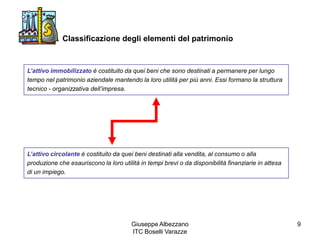 Giuseppe Albezzano
ITC Boselli Varazze
9
Classificazione degli elementi del patrimonio
L’attivo immobilizzato è costituito da quei beni che sono destinati a permanere per lungo
tempo nel patrimonio aziendale mantendo la loro utilità per più anni. Essi formano la struttura
tecnico - organizzativa dell’impresa.
L’attivo circolante è costituito da quei beni destinati alla vendita, al consumo o alla
produzione che esauriscono la loro utilità in tempi brevi o da disponibilità finanziarie in attesa
di un impiego.
 