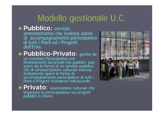 Modello gestionale U CModello gestionale U CModello gestionale U.C.Modello gestionale U.C.
►►Pubblico:Pubblico: servizioservizio
i i i h li i ii i i h li i iamministrativo che realizza azioniamministrativo che realizza azioni
di accompagnamento partecipativodi accompagnamento partecipativo
di tutti i Piani ed i Progettidi tutti i Piani ed i Progettigg
dell’Ente;dell’Ente;
►►PubblicoPubblico--PrivatoPrivato:: gestito dagestito da
un Comitato Partecipativo conun Comitato Partecipativo conun Comitato Partecipativo conun Comitato Partecipativo con
finanziamenti sia privati che pubblici, puòfinanziamenti sia privati che pubblici, può
avere sia la forma di un servizio pubblicoavere sia la forma di un servizio pubblico
che di un’associazione culturale esterna.che di un’associazione culturale esterna.c e d u assoc a o e cu tu a e este ac e d u assoc a o e cu tu a e este a
Solitamente opera le forme diSolitamente opera le forme di
accompagnamento partecipativo di tutti iaccompagnamento partecipativo di tutti i
Piani e Progetti ricompresi nell’accordo.Piani e Progetti ricompresi nell’accordo.
►►PrivatoPrivato:: associazione culturale cheassociazione culturale che
organizza la partecipazione sui progettiorganizza la partecipazione sui progetti
pubblici in itinere.pubblici in itinere.pp
 
