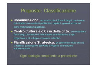 Proposte: ClassificazioneProposte: ClassificazioneProposte: ClassificazioneProposte: Classificazione
►► Comunicazione:Comunicazione: un servizio che informi il target non tecnicoun servizio che informi il target non tecnico
dei cittadini con manifesti pubblicitari, depliant, giornali ad hoc eddei cittadini con manifesti pubblicitari, depliant, giornali ad hoc ed
i fi if t i i bbli hi fi if t i i bbli hinfine manifestazioni pubbliche.infine manifestazioni pubbliche.
►► Centro Culturale o Casa della città:Centro Culturale o Casa della città: un contenitoreun contenitore
fisico l ogo di scambio di info ma ioni amminist ati e di tipofisico l ogo di scambio di info ma ioni amminist ati e di tipofisico luogo di scambio di informazioni amministrative di tipofisico luogo di scambio di informazioni amministrative di tipo
progettuale e di sviluppo economico collettivo.progettuale e di sviluppo economico collettivo.
Pianifica ione St ategicaPianifica ione St ategica►► Pianificazione Strategica,Pianificazione Strategica, un contenitore fisico che siaun contenitore fisico che sia
la fabbrica partecipativa del Piano o Progetto ed intervienela fabbrica partecipativa del Piano o Progetto ed interviene
autonomamenteautonomamente,,,,
Ogni tipologia comprende la precedenteOgni tipologia comprende la precedenteg p g p pg p g p p
 