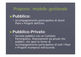 Proposte: modello gestionaleProposte: modello gestionaleProposte: modello gestionaleProposte: modello gestionale
►►Pubblico:Pubblico:►►Pubblico:Pubblico:
 accompagnamento partecipativo di alcuniaccompagnamento partecipativo di alcuni
Piani e Progetti dell’Ente;Piani e Progetti dell’Ente;
►►PubblicoPubblico--PrivatoPrivato::
S i i bbli C it tS i i bbli C it t Servizio pubblico con un ComitatoServizio pubblico con un Comitato
Partecipativo, finanziamenti sia privati chePartecipativo, finanziamenti sia privati che
pubblici che operi le forme dipubblici che operi le forme dipubblici, che operi le forme dipubblici, che operi le forme di
accompagnamento partecipativo di tutti i Pianiaccompagnamento partecipativo di tutti i Piani
e Progetti ricompresi nell’accordoe Progetti ricompresi nell’accordoe Progetti ricompresi nell accordo.e Progetti ricompresi nell accordo.
 
