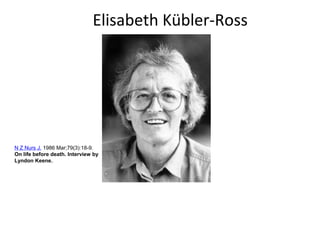 Elisabeth Kübler-Ross
N Z Nurs J. 1986 Mar;79(3):18-9.
On life before death. Interview by
Lyndon Keene.
 