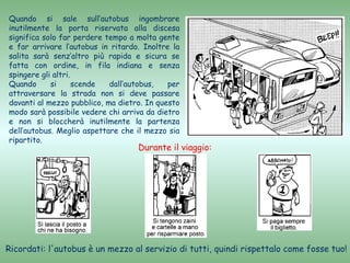 Quando si sale sull’autobus ingombrare
inutilmente la porta riservata alla discesa
significa solo far perdere tempo a molta gente
e far arrivare l’autobus in ritardo. Inoltre la
salita sarà senz’altro più rapida e sicura se
fatta con ordine, in fila indiana e senza
spingere gli altri.
Quando      si      scende  dall’autobus,   per
attraversare la strada non si deve passare
davanti al mezzo pubblico, ma dietro. In questo
modo sarà possibile vedere chi arriva da dietro
e non si bloccherà inutilmente la partenza
dell’autobus. Meglio aspettare che il mezzo sia
ripartito.
                                   Durante il viaggio:




Ricordati: l'autobus è un mezzo al servizio di tutti, quindi rispettalo come fosse tuo!
 
