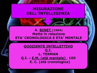 MISURAZIONE
DELL’INTELLIGENZA
QUOZIENTE INTELLETTIVO
Q.I.
L. TERMAN
Q.I.  E.M. (età mentale)  100
E. C. (età cronologica)
A. BINET (1904)
Mette in relazione
ETA’ CRONOLOGICA E ETA’ MENTALE
 