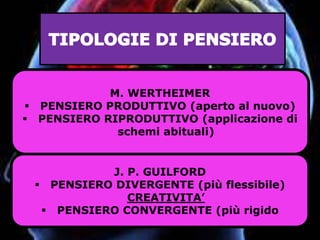M. WERTHEIMER
 PENSIERO PRODUTTIVO (aperto al nuovo)
 PENSIERO RIPRODUTTIVO (applicazione di
schemi abituali)
J. P. GUILFORD
 PENSIERO DIVERGENTE (più flessibile)
CREATIVITA’
 PENSIERO CONVERGENTE (più rigido
 