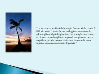 “ La luce entrava a fiotti dalle ampie finestre  della corsia. Al di là  dei vetri, il vento faceva ondeggiare lentamente le palme e gli eucalipti del giardino, che si stagliavano contro un cielo azzurro abbagliante, segno di una giornata estiva magnifica , per chi non era costretto a trascorrerla in un ospedale con un commissario di polizia. “