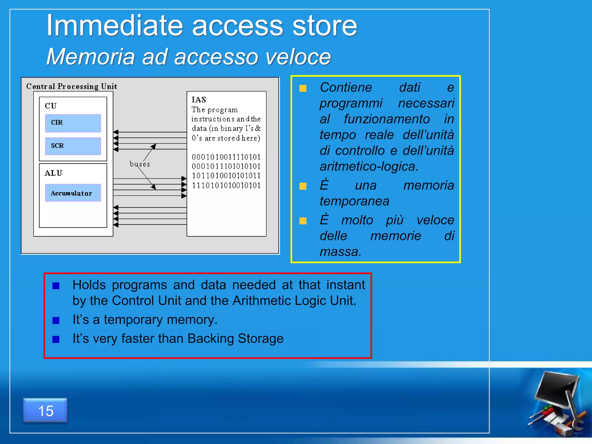 Immediate access store
Memoria ad accesso veloce
Holds programs and data needed at that instant
by the Control Unit and the Arithmetic Logic Unit.
It’s a temporary memory.
It’s very faster than Backing Storage
Contiene dati e
programmi necessari
al funzionamento in
tempo reale dell’unità
di controllo e dell’unità
aritmetico-logica.
È una memoria
temporanea
È molto più veloce
delle memorie di
massa.
15
 